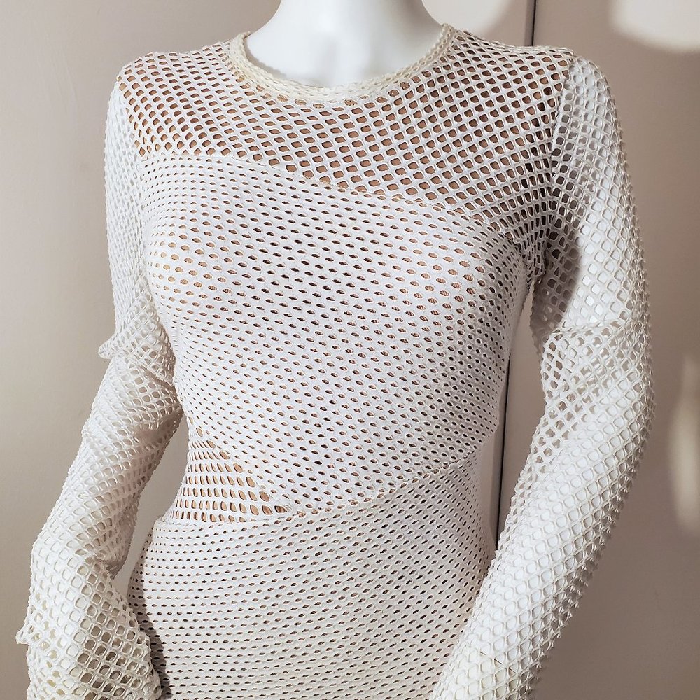 BCBG MAXAZRIA | Mesh-Paneled White Mindy Long Sleeve Blouse | Size M